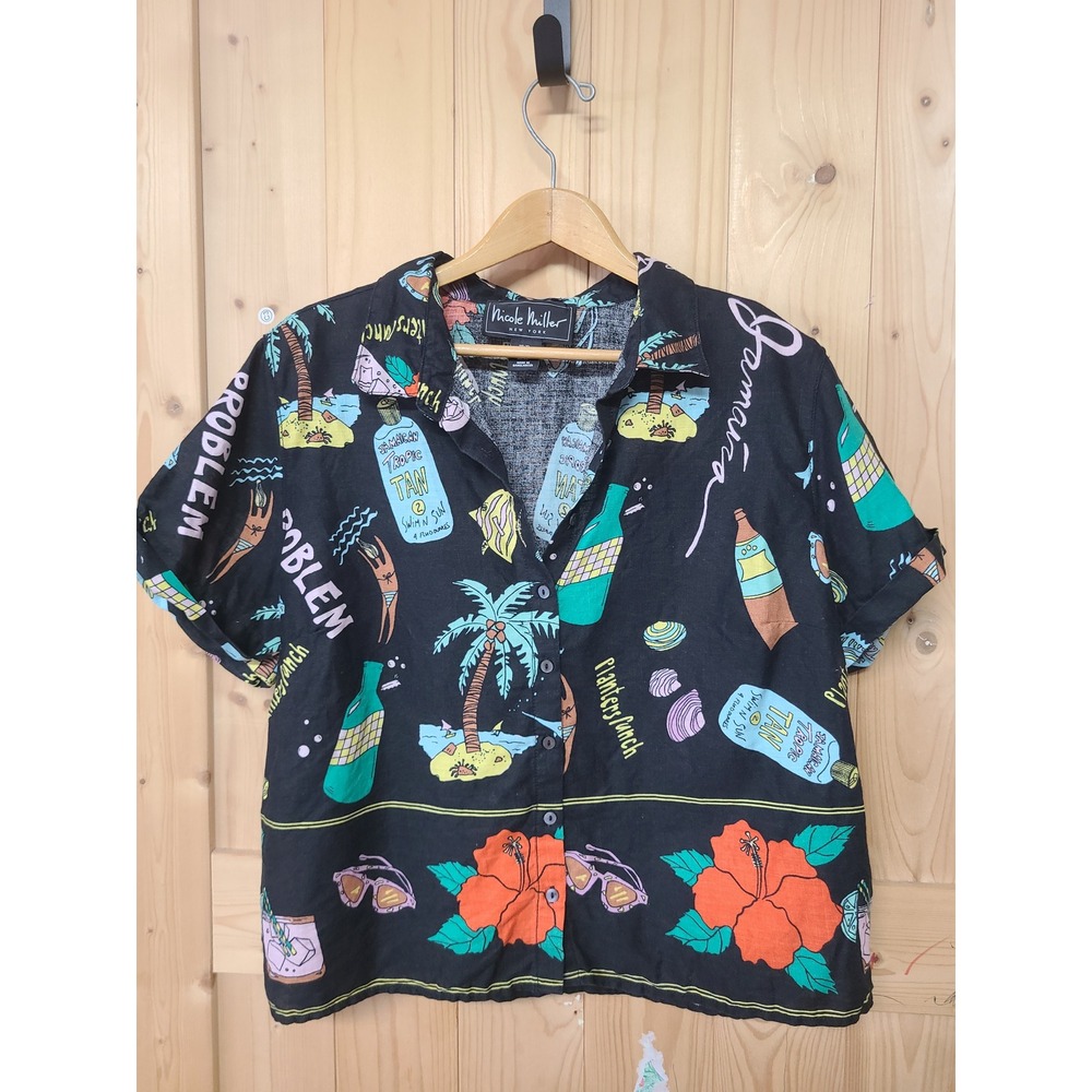 Nicole Miller Shirt Women XL Black Linen Tropical Novelty Print Short Slv